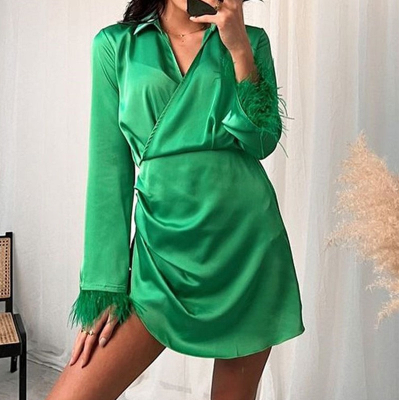 2022 Hot Sexy Dress Luxury Evening Dress Rose Red Feather Stitching Mini Dress Slim Party Long Sleeve Irregular Hem Skirt Women alx