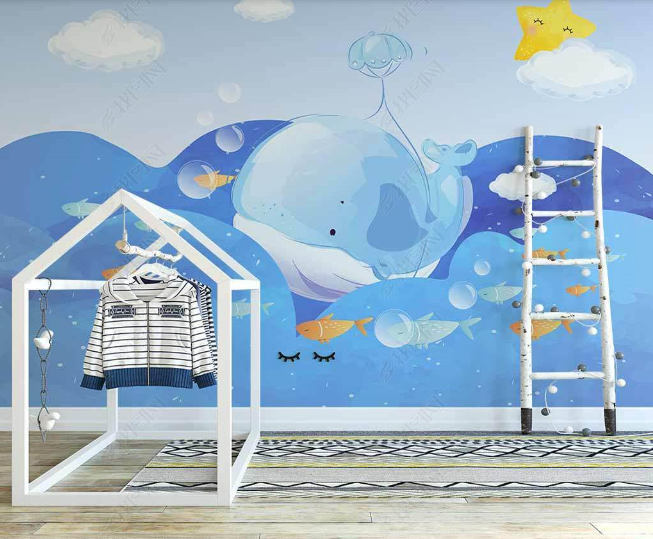 3D Cartoon Blue Sea Dolphin Kids Wall Mural Wallpaper Lqh 24