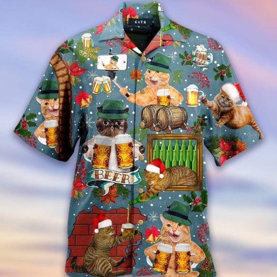 Cat Drinking Beer Merry Christmas Hawaiian Shirts