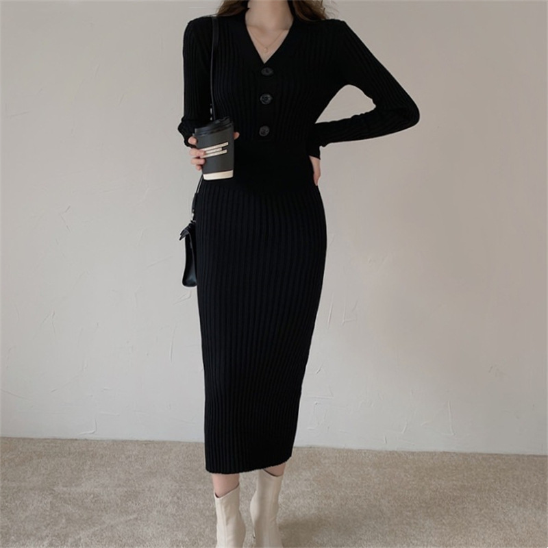 Vintage Knitted Sweater Long Sleeve Dresses Women Slim Bodycon Korean Elegant Fall Winter Button V Neck Sweater Midi Woman Dress alx