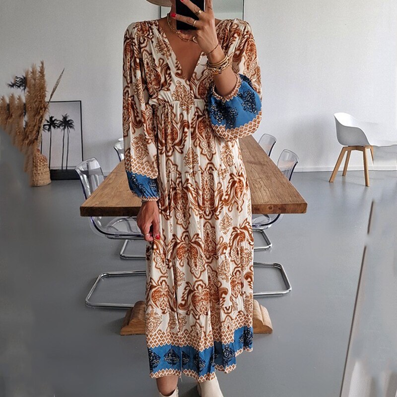 2022 Autumn Vintage Pattern Printed Dress Women Casual Long Sleeve V Neck Draped Dress Ladies Fashion Loose High Waist Dresses alx