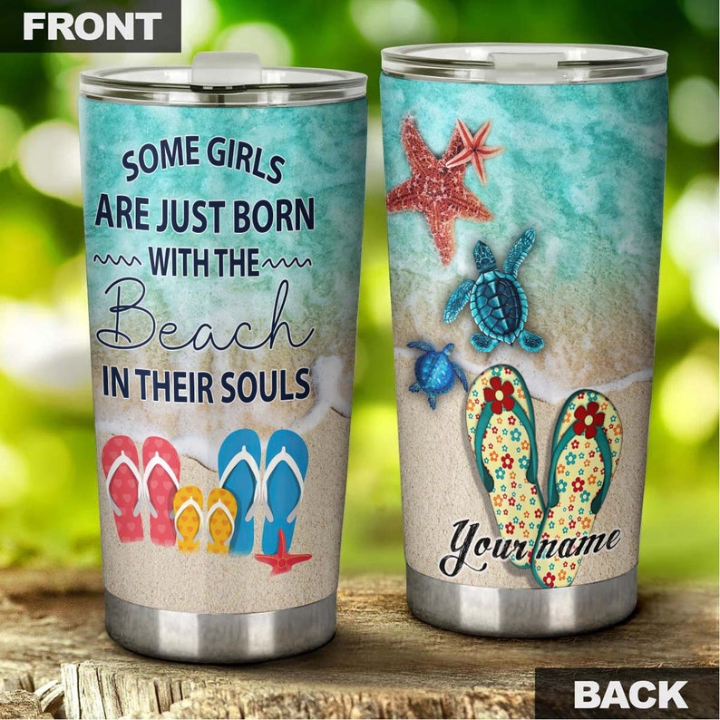 Girls Born With Beach In Souls Turtle Flip Flop Personalized Tumbler-Turtle Present-Unique Tumbler-Birthday Christmas Gift For Turtle Lover