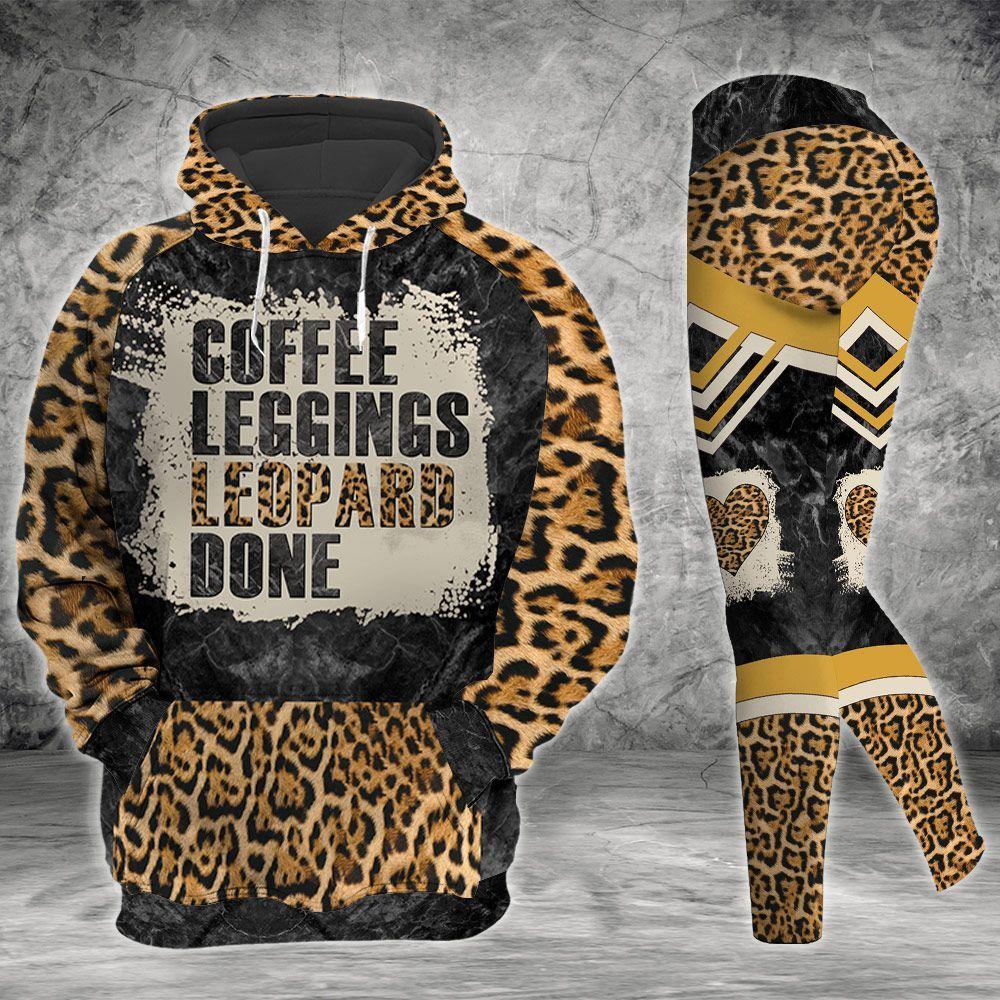 Coffee Leopard All Over Print Leggings Hoodie Set Outfit For Women | Hts1461