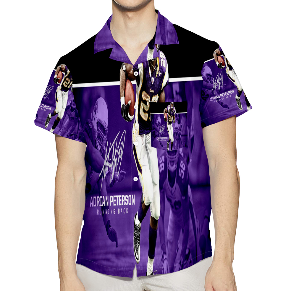 Minnesota Vikings Adrian Peterson 28 V5 3D All Over Print Summer Beach Hawaiian Shirt With Pocket