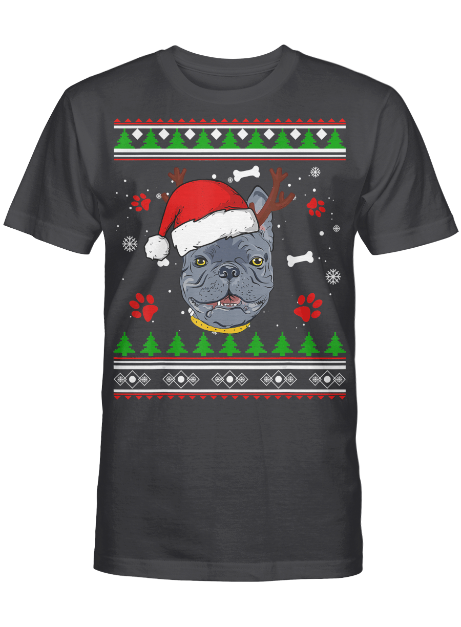 AmazeStyleZ Santa’s Reindeer, Ugly Christmas Sweater, Christmas Gift Ideas, Christmas TreeFrench Bulldog Ugly Christmas Reindeer Hat Santa Xmas Love T-Shirt