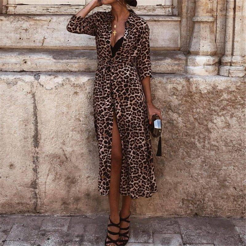 Sexy V Neck Long Sleeve  Leopard Dresses