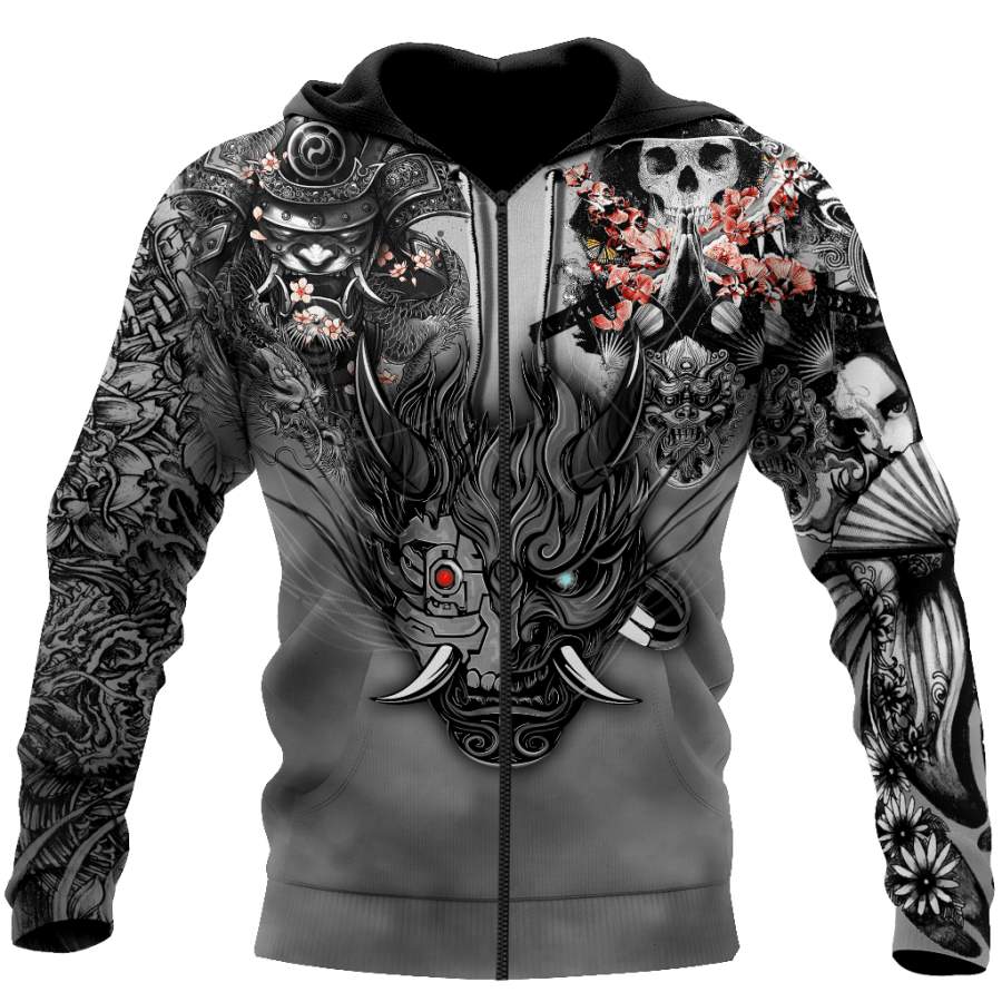 Samurai Oni Mask Tattoo 3D Over Printed Unisex Hoodie-ML