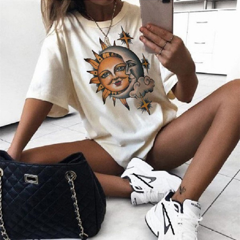 2022 Women Clothing Trendy O-Neck Casual Large Size 3XL Short Sleeve Top Graphic T Shirts Sun and Moon Printed T Shirt for Women alx