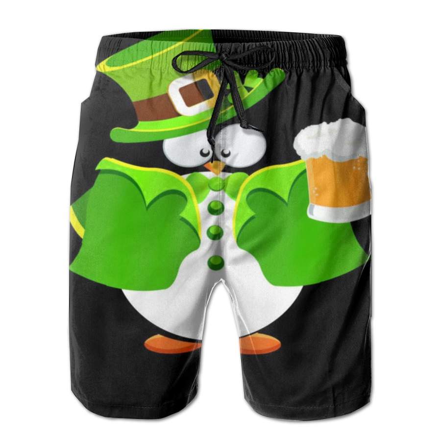 2 Pack St. Patrack’s Day Funny Penguin Drinking Beer Horizontal Poster Men Swim Trunks Drawstring Elastic Waist Quick Dry Beach Shorts with Mesh Lining Swimwear Bathing Suits