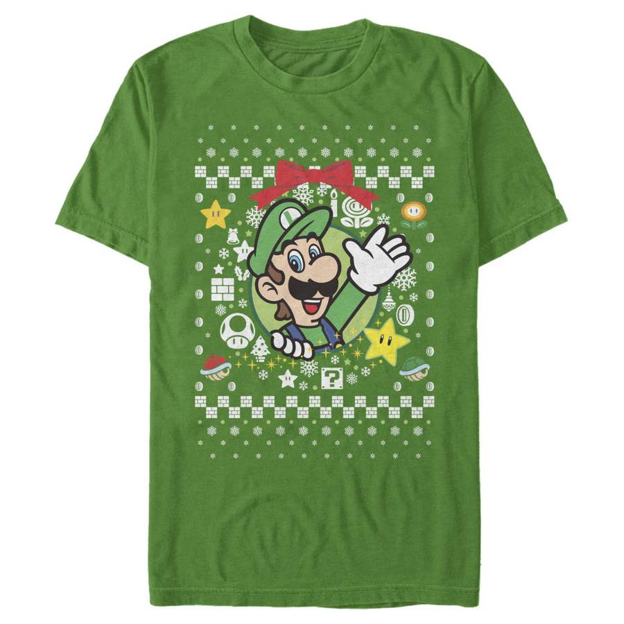 Nintendo Men’s Ugly Christmas Luigi Wreath  T Shirt