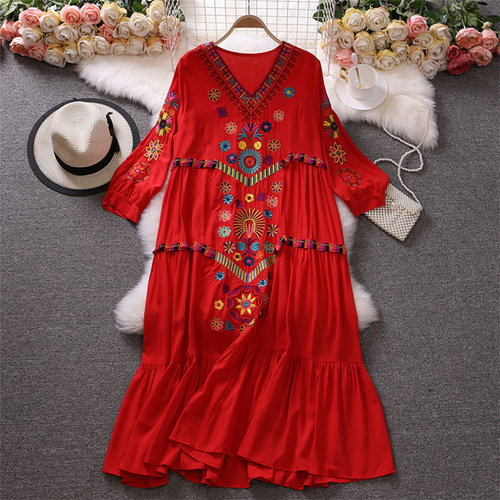 Women Elegant V-Neck Summer Dresses Casual Short Sleeve Dresses Embroidered Slim Long Dress Vintage Drawstring Design Dress alx