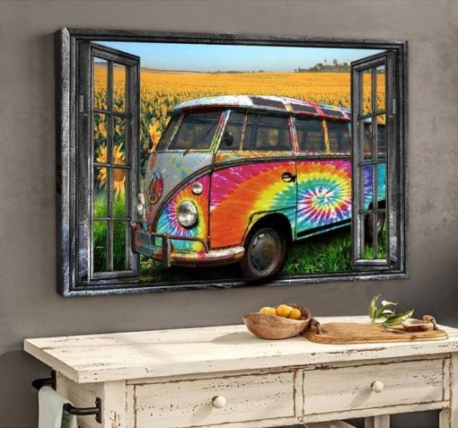 Hippie Camping Bus On The Peace Sunflower Field Fake Window Canvas Poster