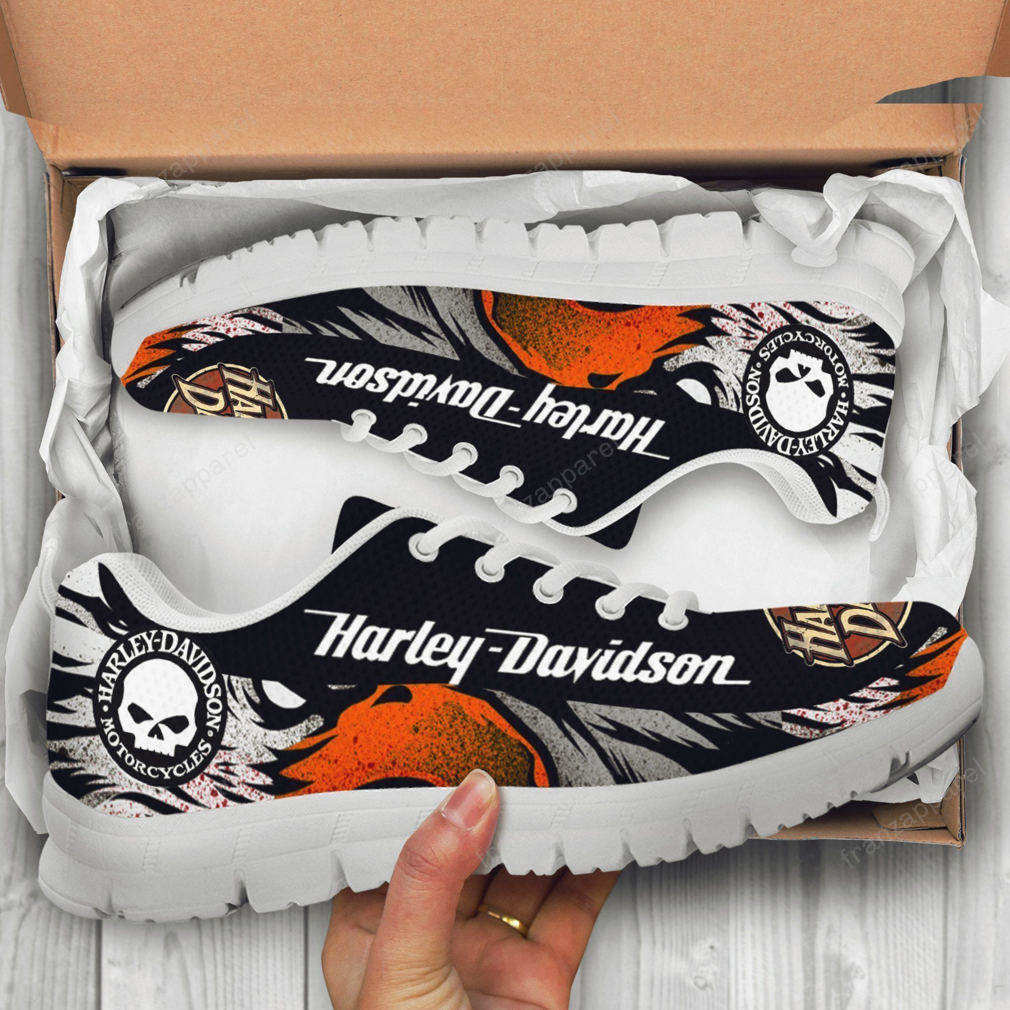 Harley Davidson Print Sneakers, Women’S Sneakers, Handmade Crafted Sneaker White Shoes Birthday Gift Fashion Fly Sneakers  Men And Women Size  Us