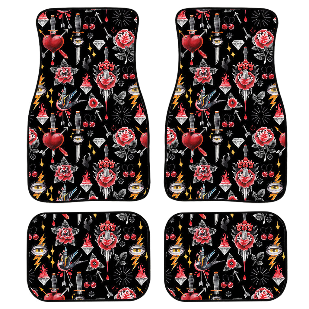 Watercolor Tattoo Print Front And Back Car Floor Mats, Front Car Mat