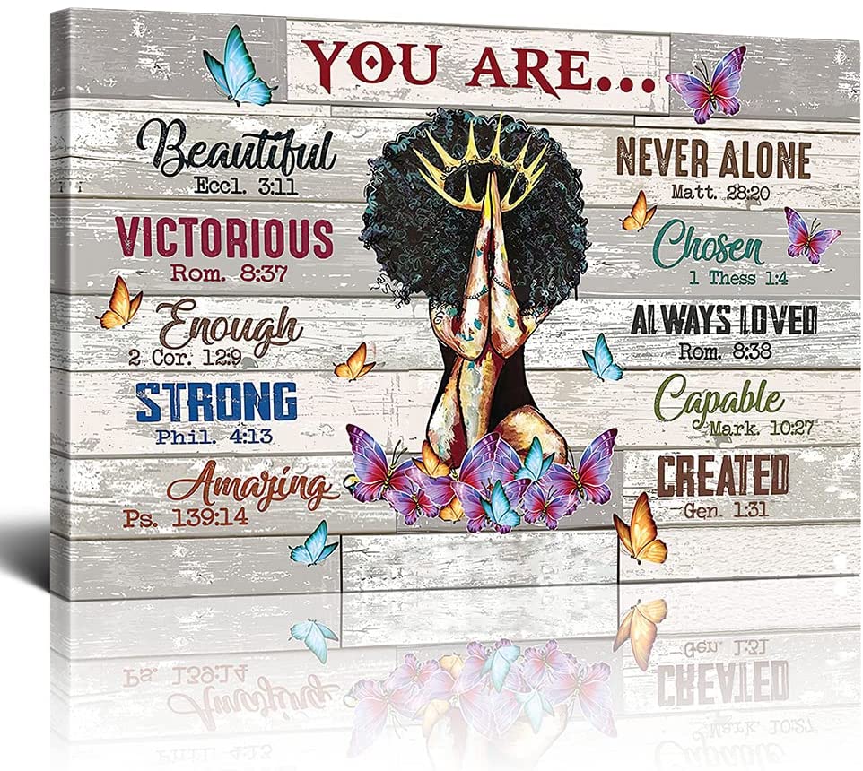 African American Girl Motivational Canvas Wall Art Black Girl Insprational Wall Art Decor – You Are Beautiful Victorious Enough Strong Gift For Girl Lx064M