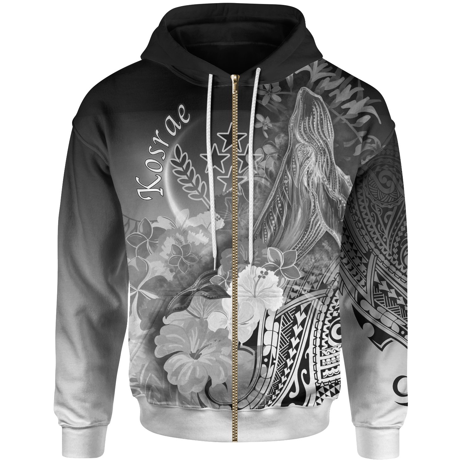 Kosrae Zip-Up Hoodie – Humpback Whale with Tropical Flowers (White) – BN18