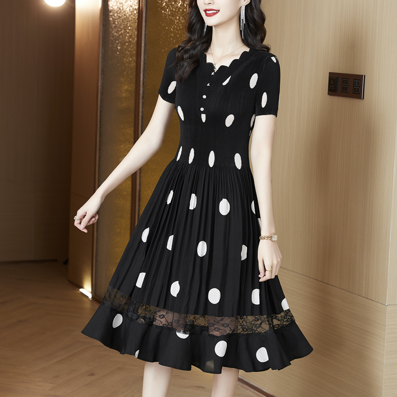 Women Summer New Polka Dot Midi Dress Korean Black Vintage Elastic Hepburn Mermaid Dress 2022 Elegant Bodycon Pleated Vestidos alx