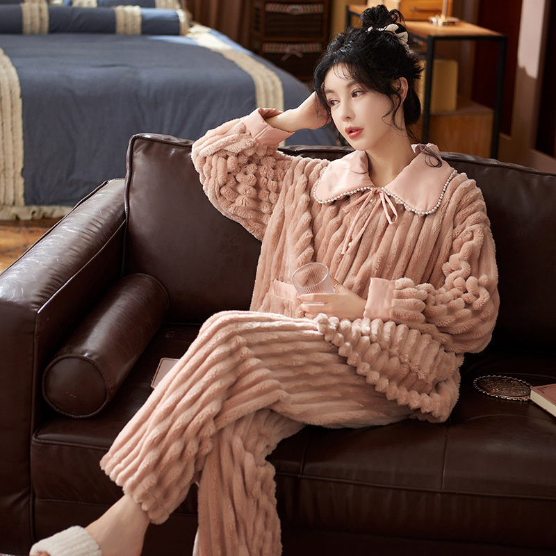 2022 Winter New Little Fragrant Women’s Home Clothes Flannel Thickened Gentle Pajamas Women’s Set Pyjama alx