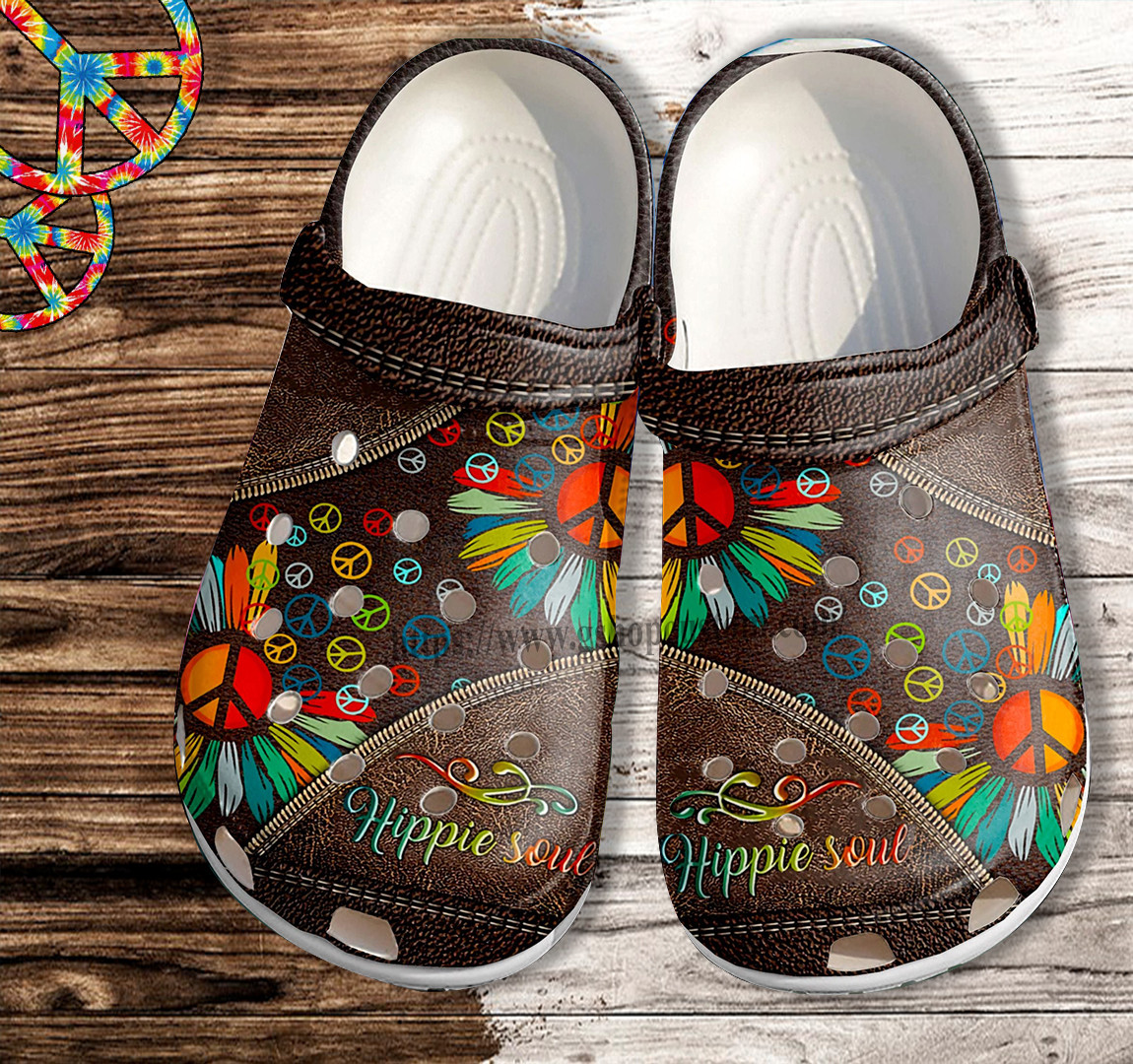 Hippie Soul Peace Daisy Leather Croc Shoes- Daisy Rainbow Peace Love Shoes Croc Clogs Gift Birthday Girl- Cr-Ne0319