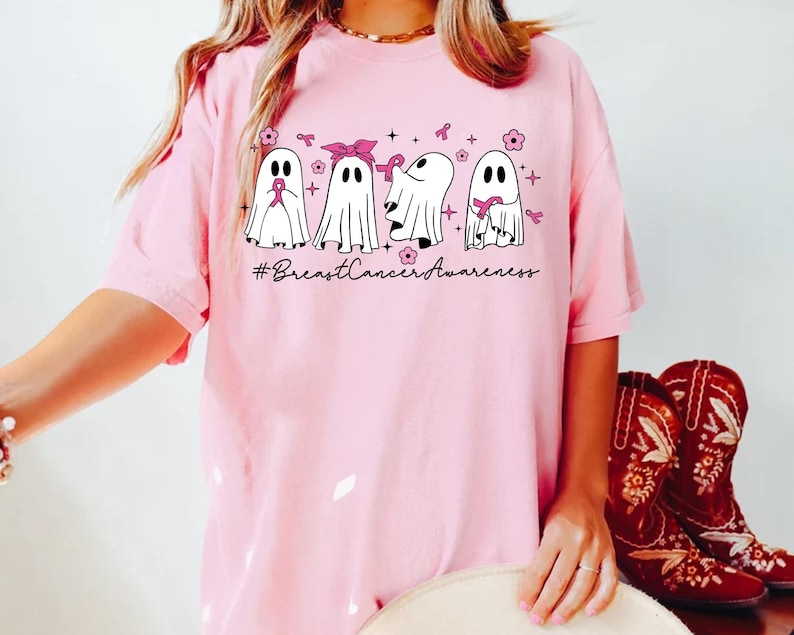 Breast Cancer Awareness Shirt, Cute Ghost Breast Cancer Support Shirt, Pink Ribbon Shirt, Suvivor Gift, October Pink Ghosts, Halloween Shirt