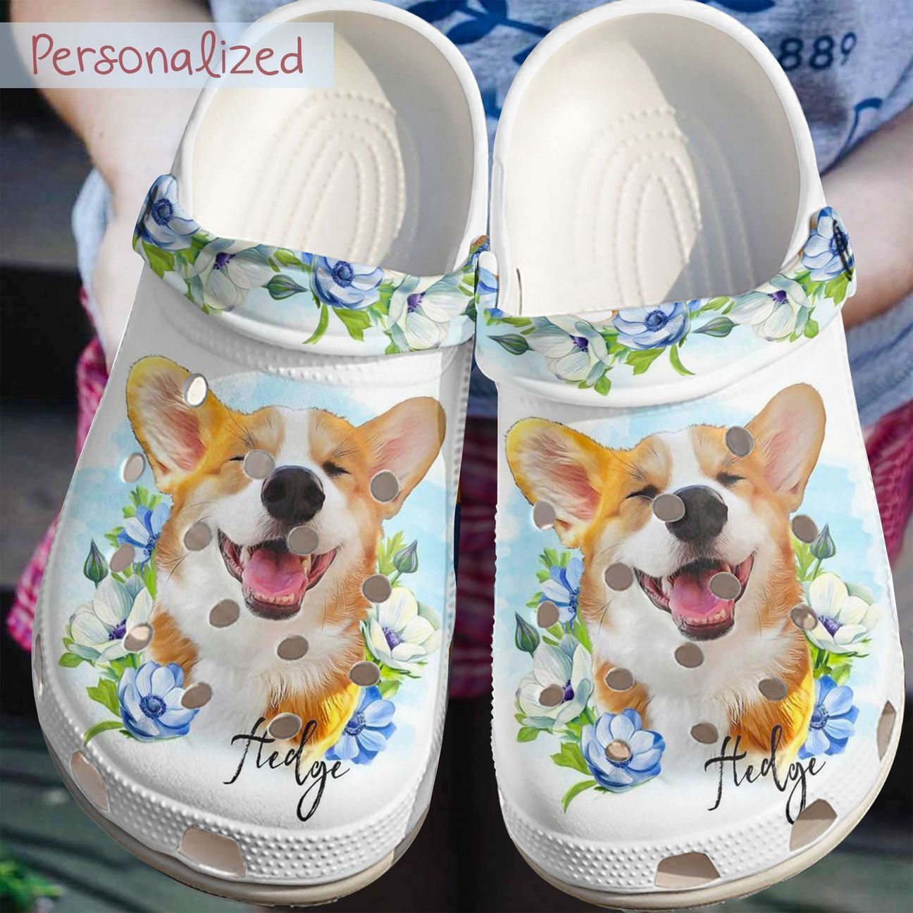 Corgi Personalize Clog, Custom Name, Text, Fashion Style For Women, Men, Kid, Print 3D Whitesole Personalized Cutest Smile