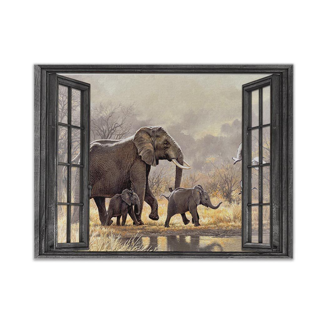 Gearhumans 3D Elephant Mom Window Mothers Day Gift Custom Canvas