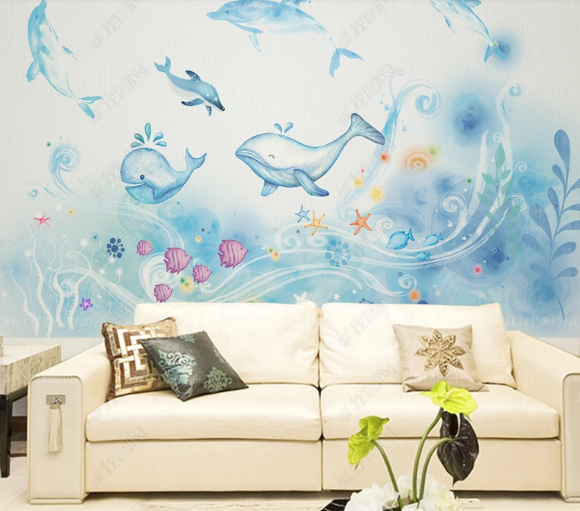 3D Watercolor Underwater World Dolphin Wall Mural Wallpaper Lqh 239