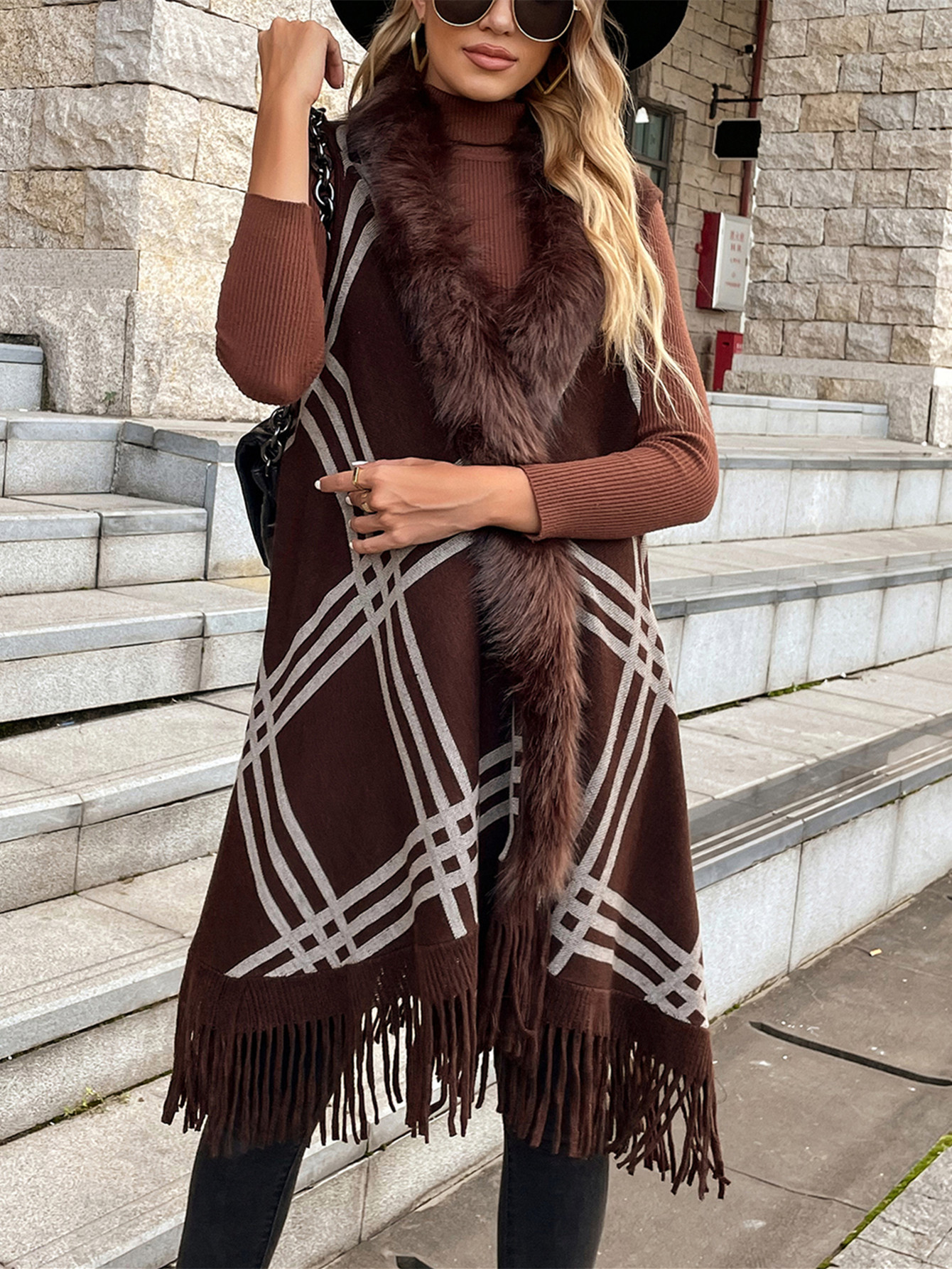 Color matching sweater women’s new autumn and winter 2022 Lapel fur collar outer Plaid long vest Set for women alx