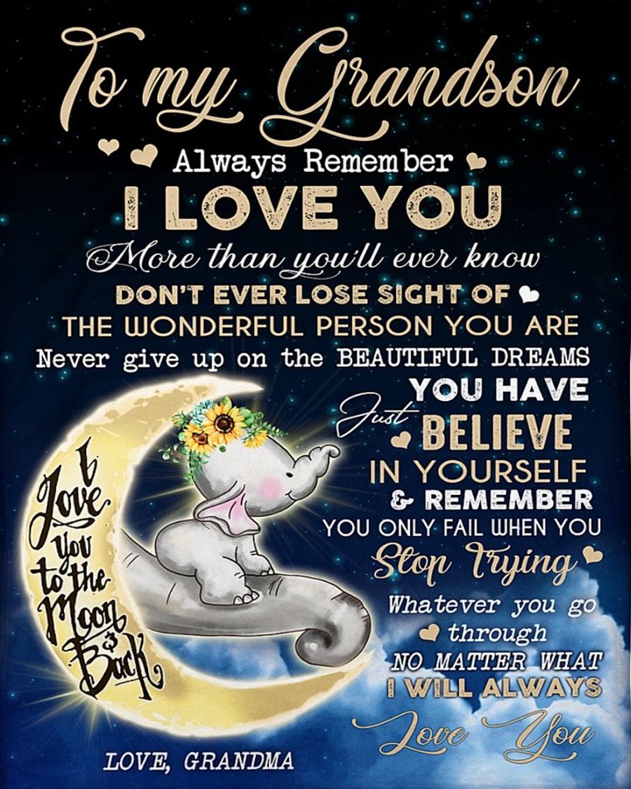 To My Grandson Fleece Blanket, Personalized Birthday Gift For Grandson From Grandma Blanket, Always Remember I Love You Elephant Blanket