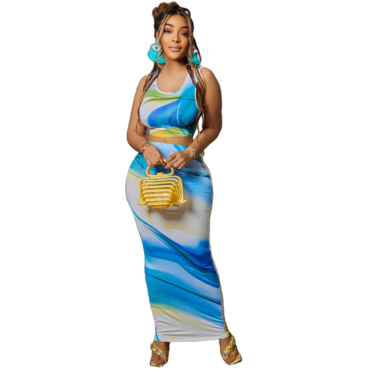 Summer 2 Pieces Set for Women Fashion Blue Printed Maxi Skirt and Crop Top Matching Sets Sexy Club Dresses alx