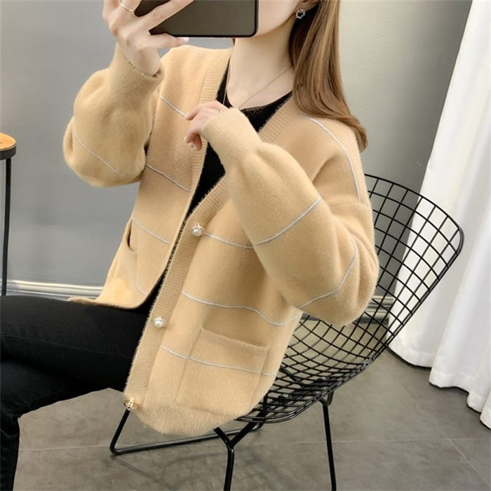 Women’s Mink Velvet Cardigan Sweater Jacket Outer Wear Spring Autumn 2021 New Hot Style Female Clothing Trend Knit Coat M422 alx