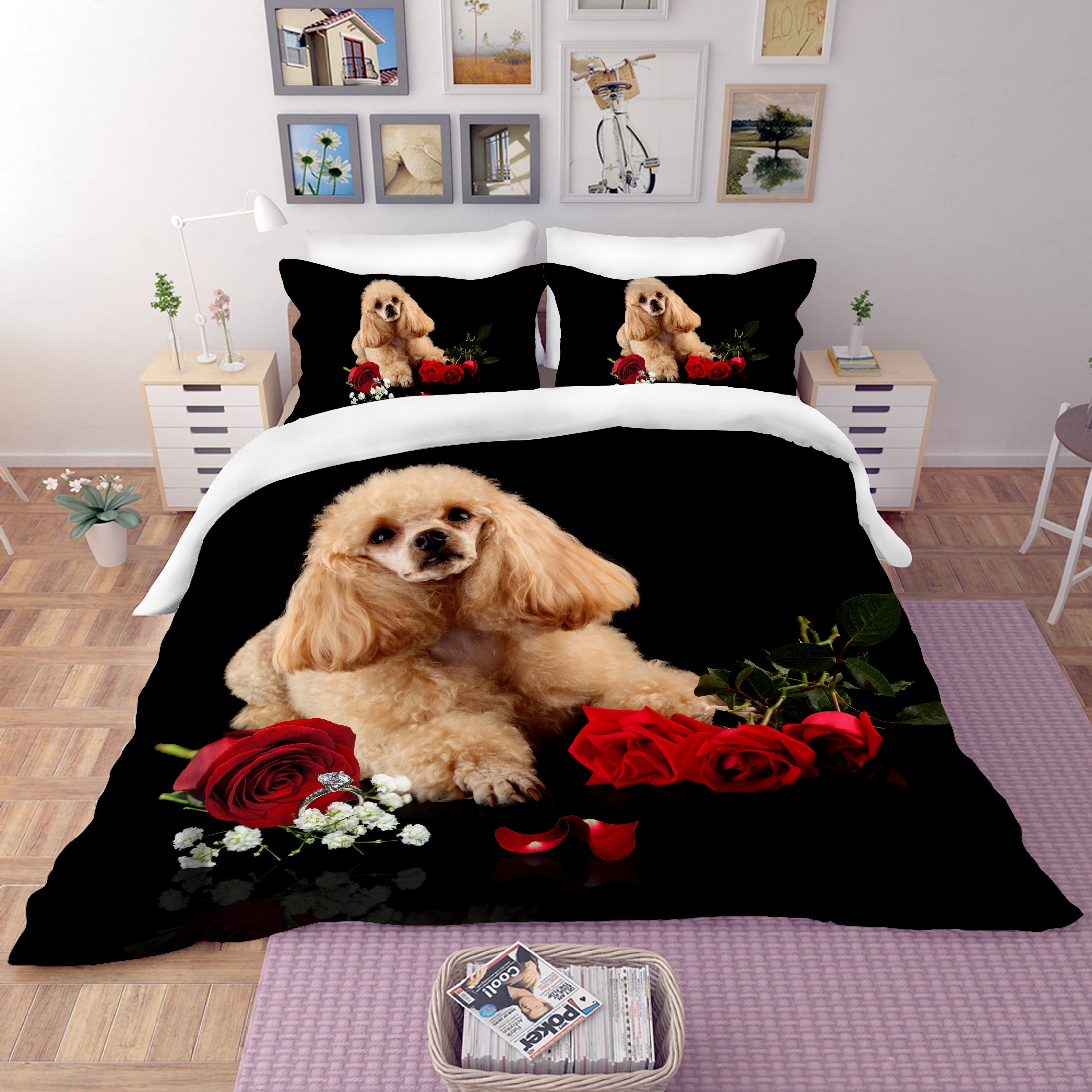 3D Black Puppy Dog Rose Flower Quilt Cover Set Bedding Set Pillowcases 11