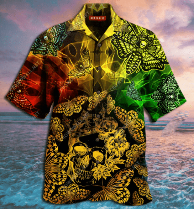 Cover Your Body With Amazing Golden Skull And Colorful Butterfly Hawaii Unisex Aloha Shirts H Ha67178