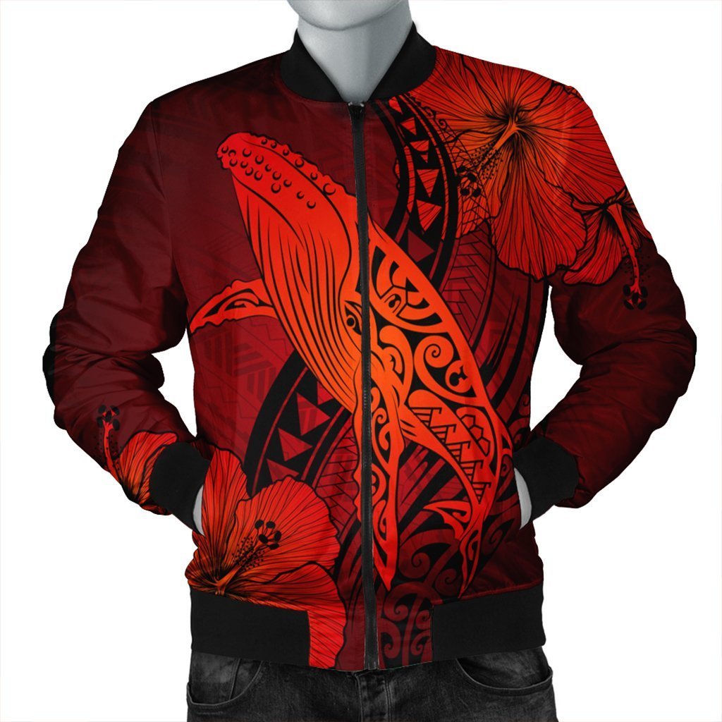 Hawaiian Map Whale Swim Hibiscus Polynesian Bomber Jacket – Red