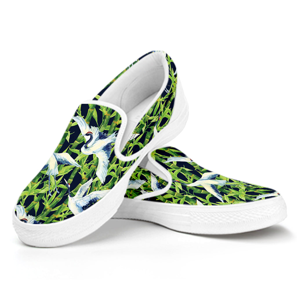 Watercolor Crane Bird Pattern Print White Slip On Shoes