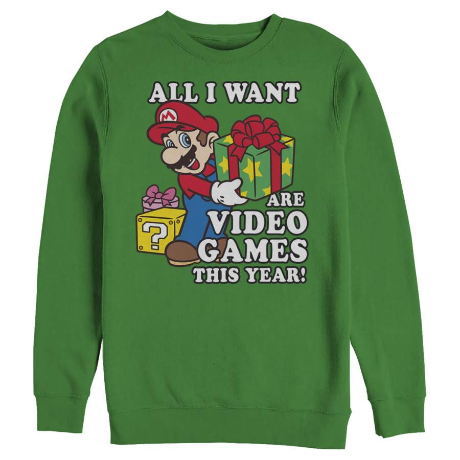 Nintendo Men’s Christmas Mario All I Want Are Video Games  Sweatshirt