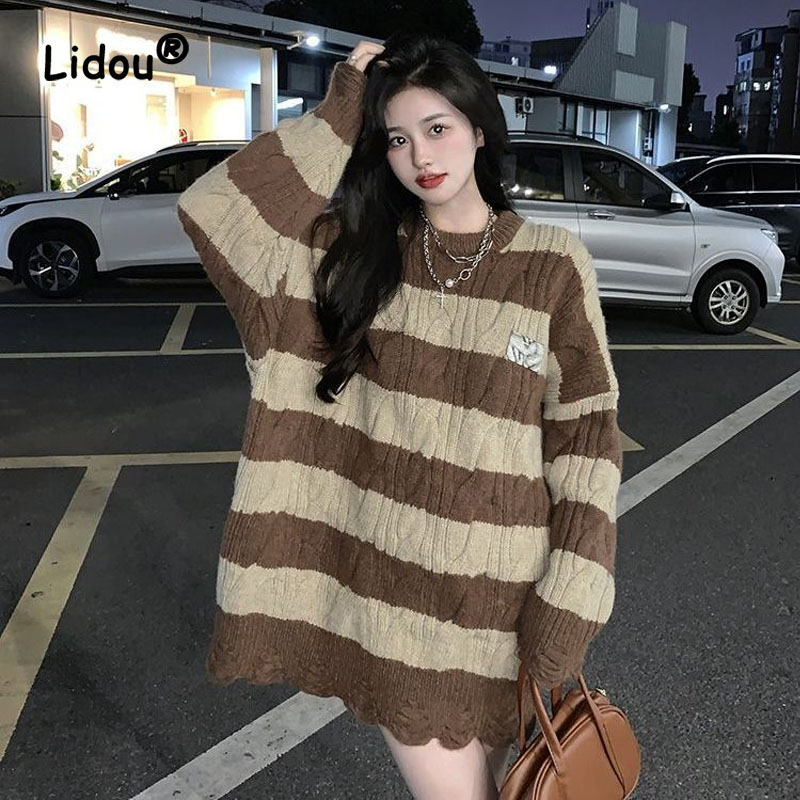 2022 Women Autumn New American Vintage Sweater Winter Stripe Loose Lazy Style Comfortable Popularity All-match Knitted Top alx