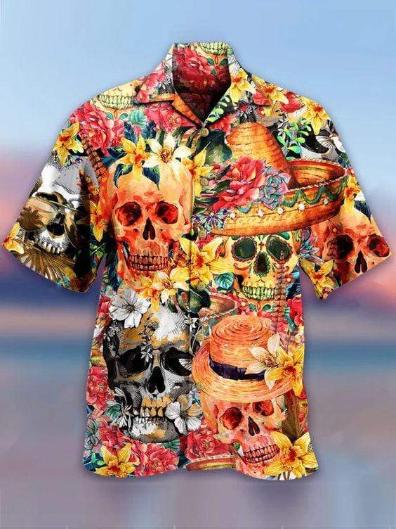 Hawaiian Aloha Shirts Skull Flowers Day Of The Dead