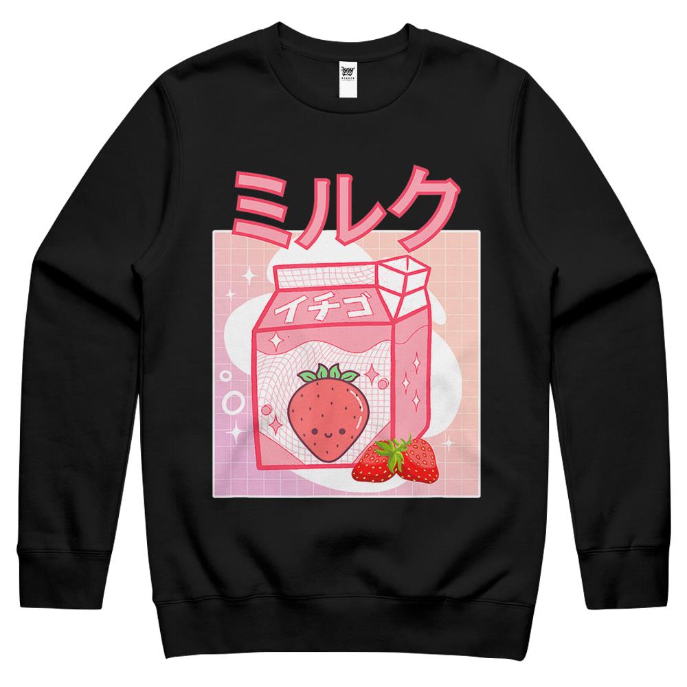 Cute Pink Strawberry Milk Japanese Kawaii Retro 90S Anime Crewneck Sweatshirt