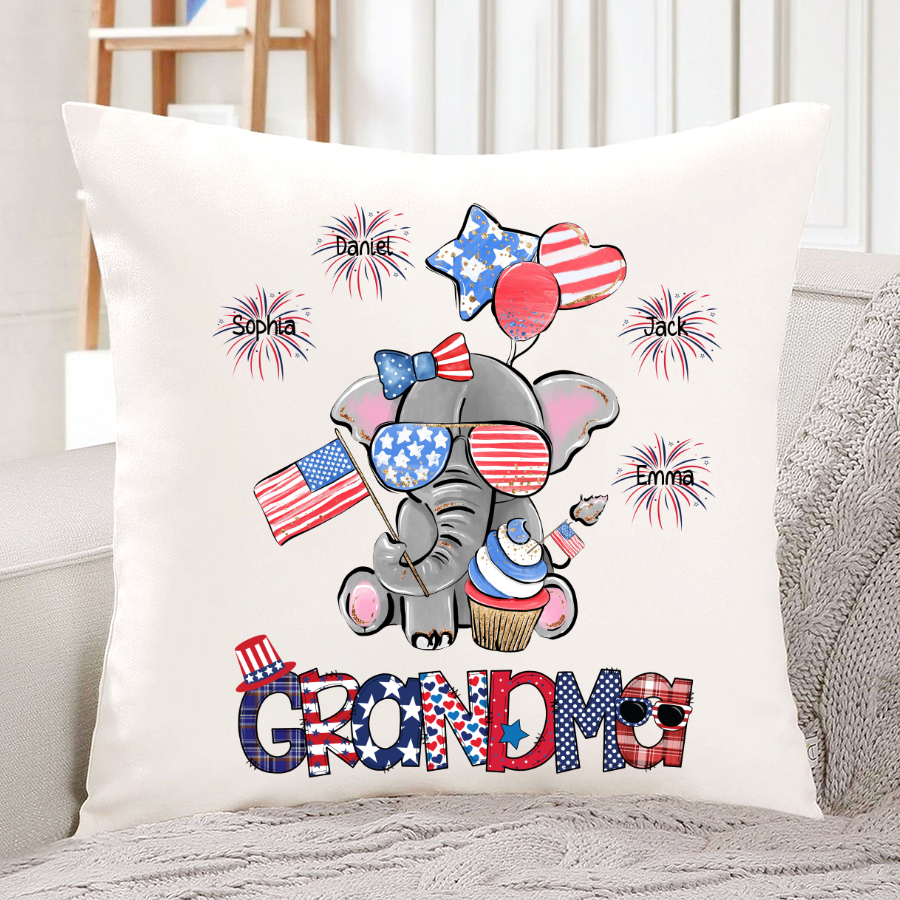 Personalized Grandma Elephant With Grandkids Firecracker Cute Indoor Pillow