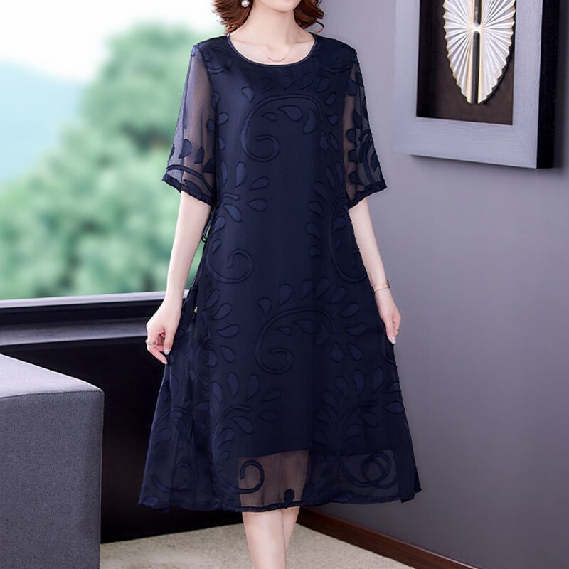 Vintage Fashion Solid Embroidery Print Chiffon Dresses Summer 2022 Half Sleeve O-Neck Loose Pullover Midi Dress Women’s Clothing alx