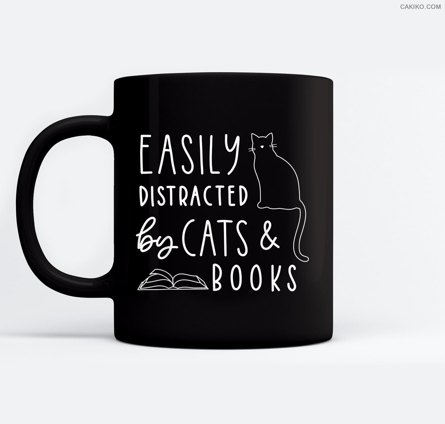 Easily Distracted Cats And Books Funny Gift For Cat Lovers Ceramic Coffee Black Mugs