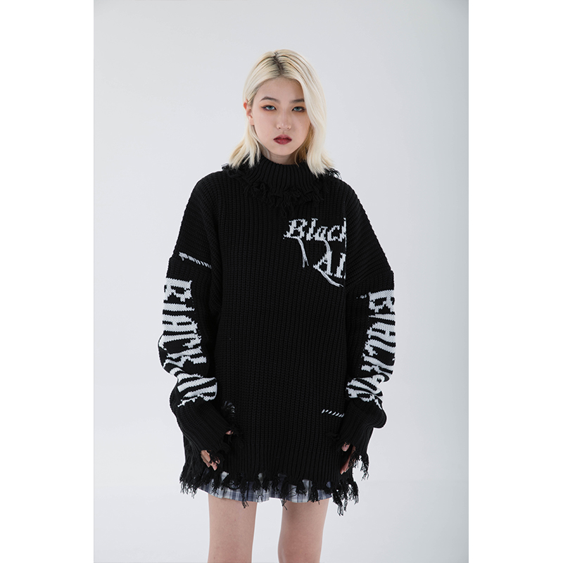 Women Street Black Knitting Sweater Letter Printing Round Neck Long Sleeves Casual Vintage High Street Baggy Tops Ladies Autumn alx