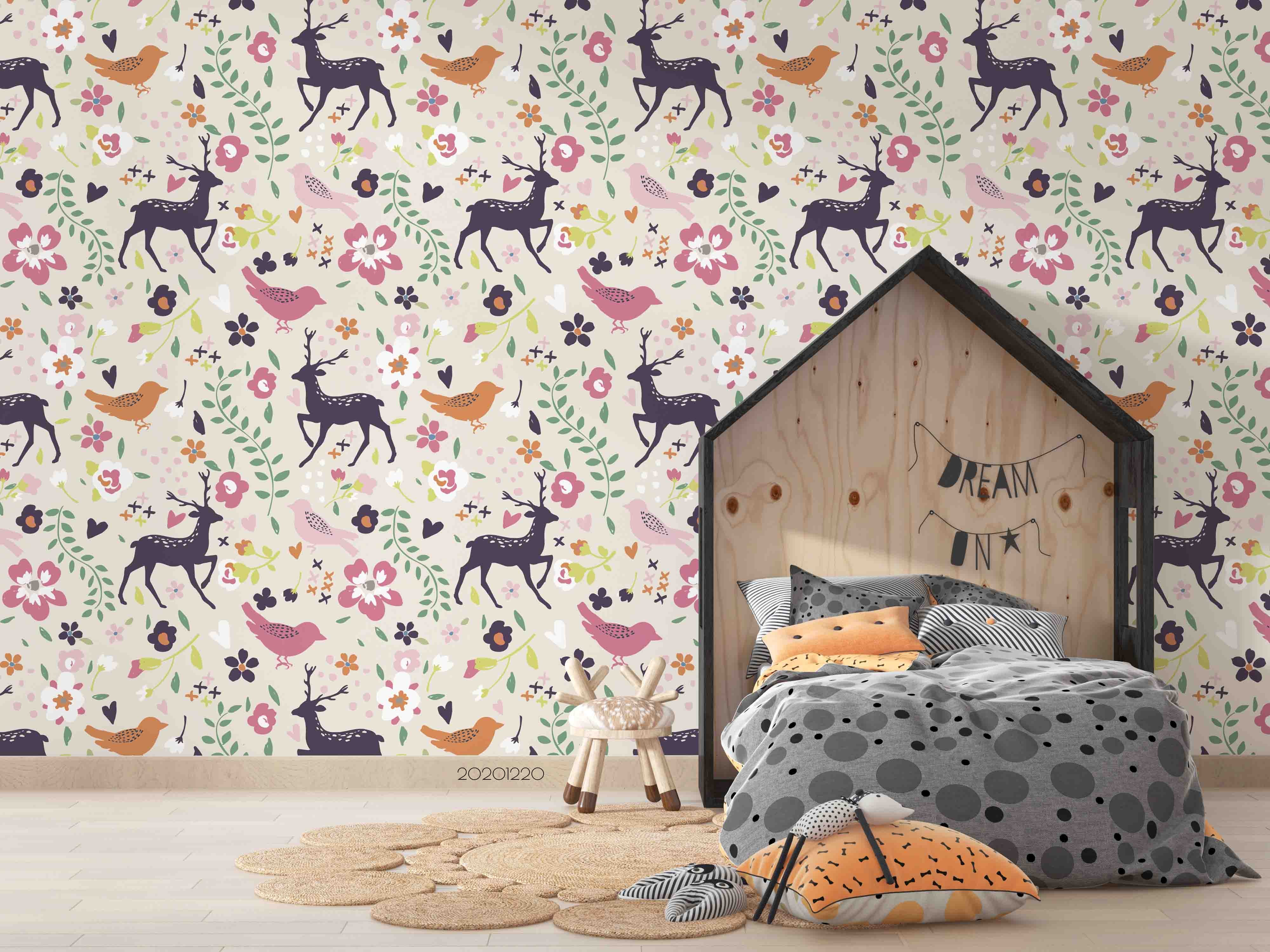 3D Hand Drawn Animal Elk Bird Floral Wall Mural Wallpaper Lqh 97