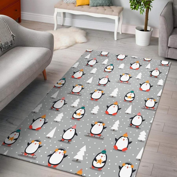 Christmas Tree Penguin Pattern Print Area Rug