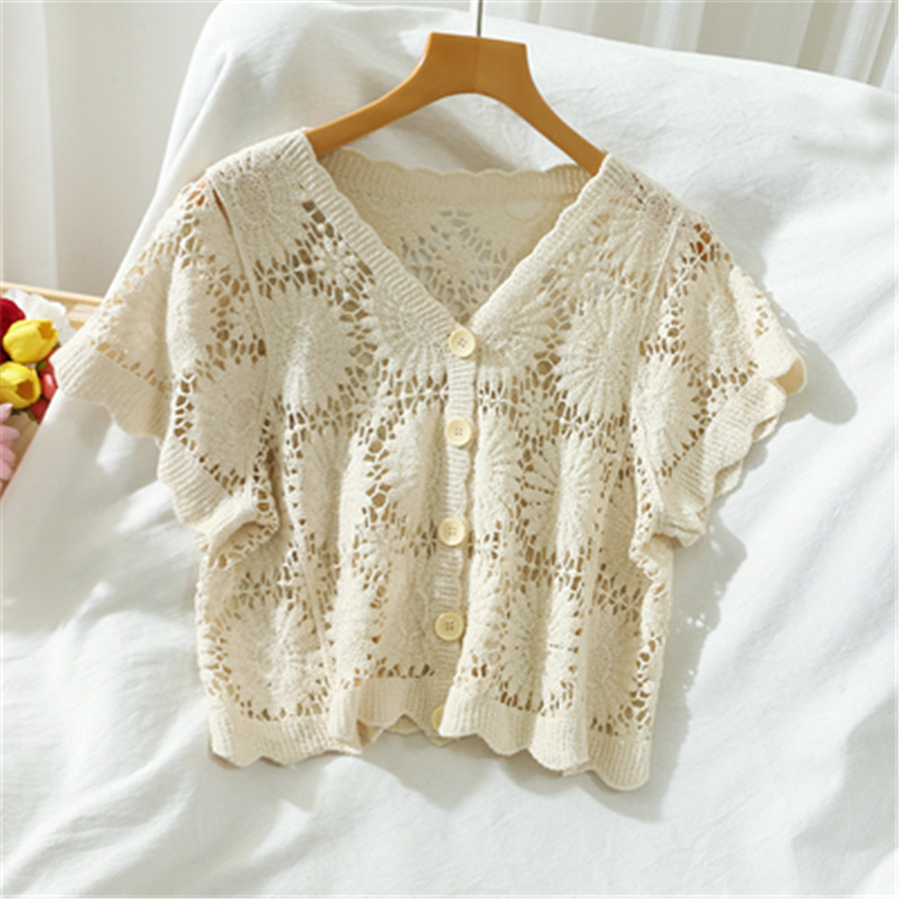 Summer Thin Knit Cardigan Women Short Sleeve Hollow Out Crochet Beach Tos Short Coat 2020 Korean Fashion Cardigans Cropped alx