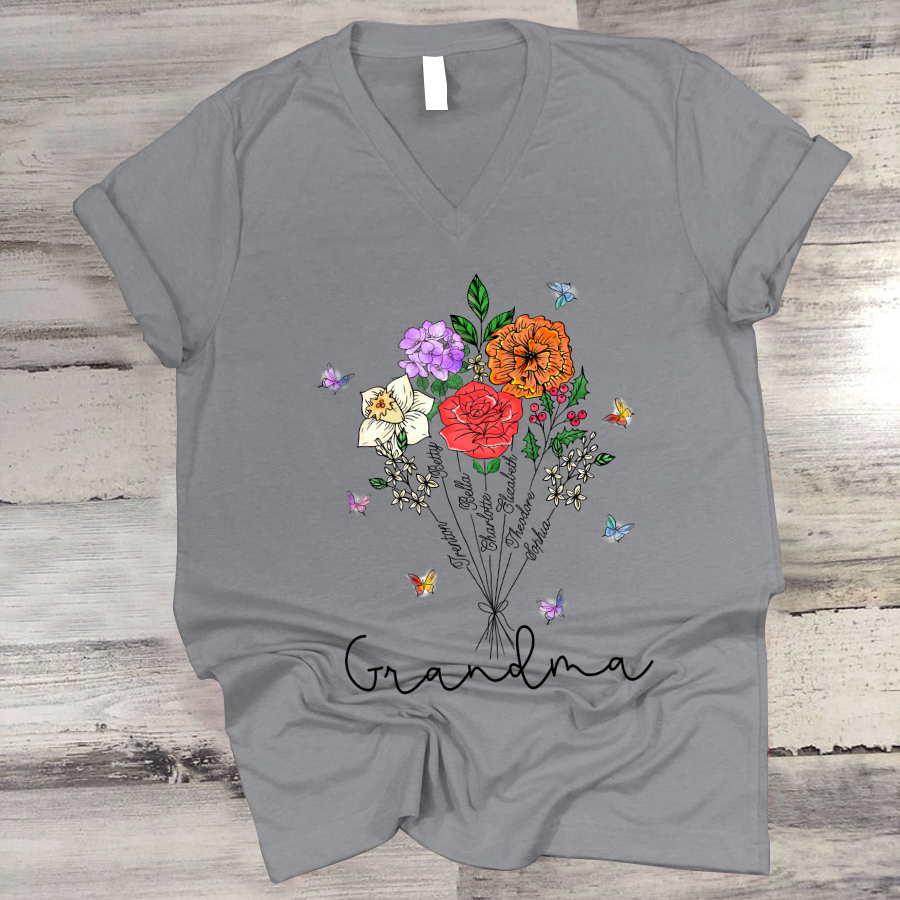 Personalized Grandma And Grandkids Flower V-Neck