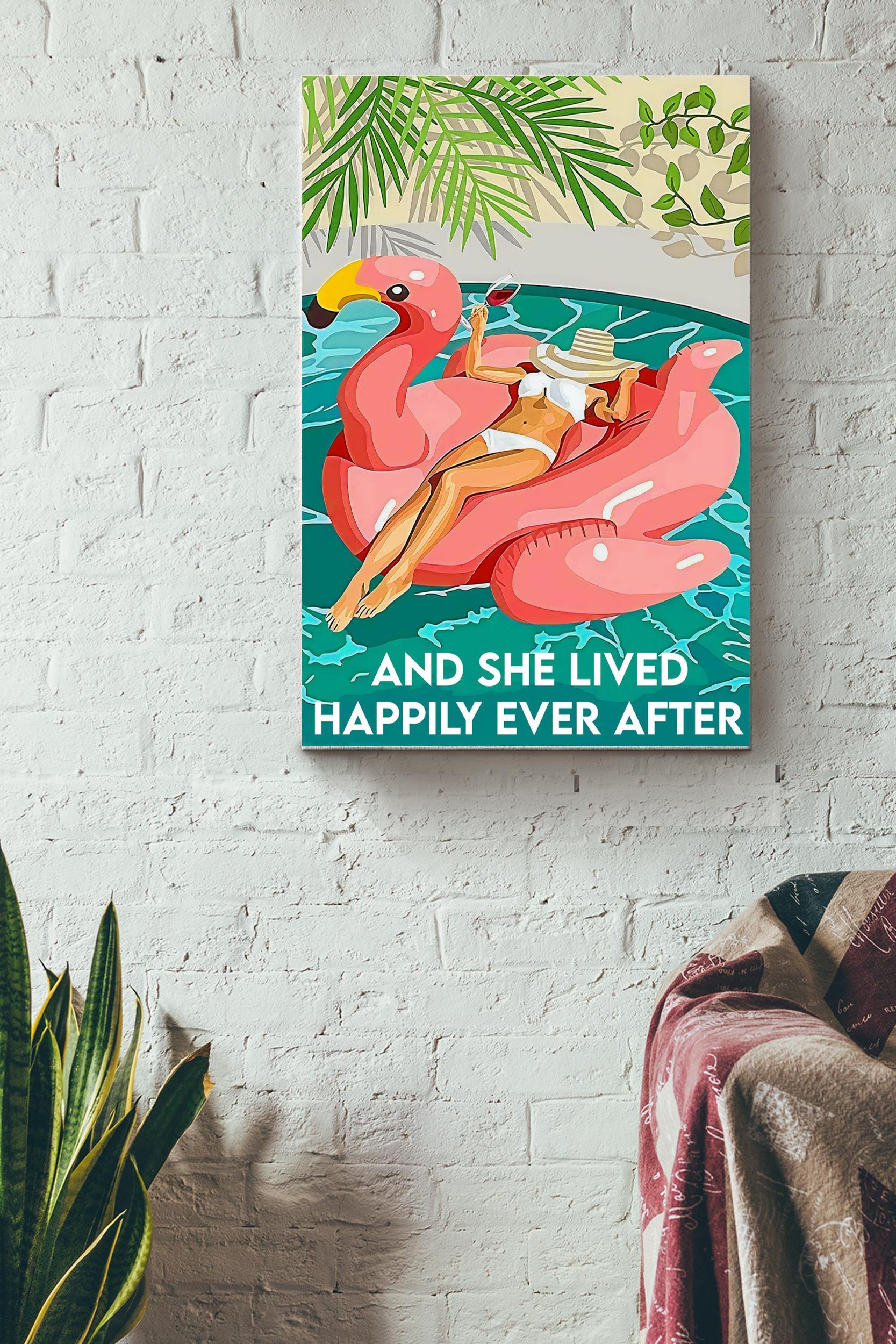 And She Lived Happily Poster – Travel Wall Art – Gift For Tourist, Wine Lover, Home Decor Wrapped Canvas