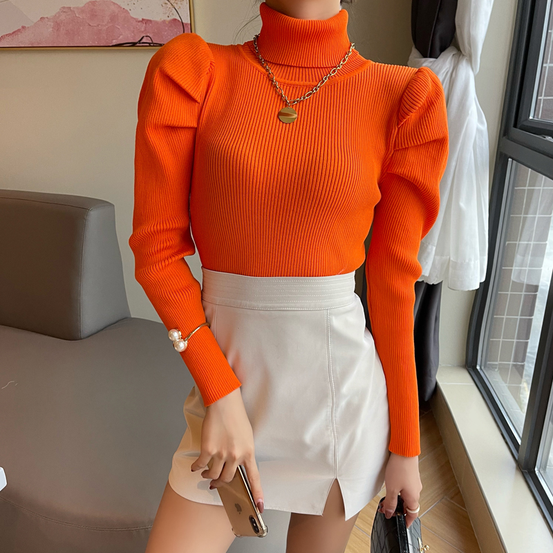 Vintage Puff Long Sleeve Turtleneck Knitted Sweater Pullovers Girls Solid Stretchy Streetwear Winter Thick Tops Jumpers Women alx