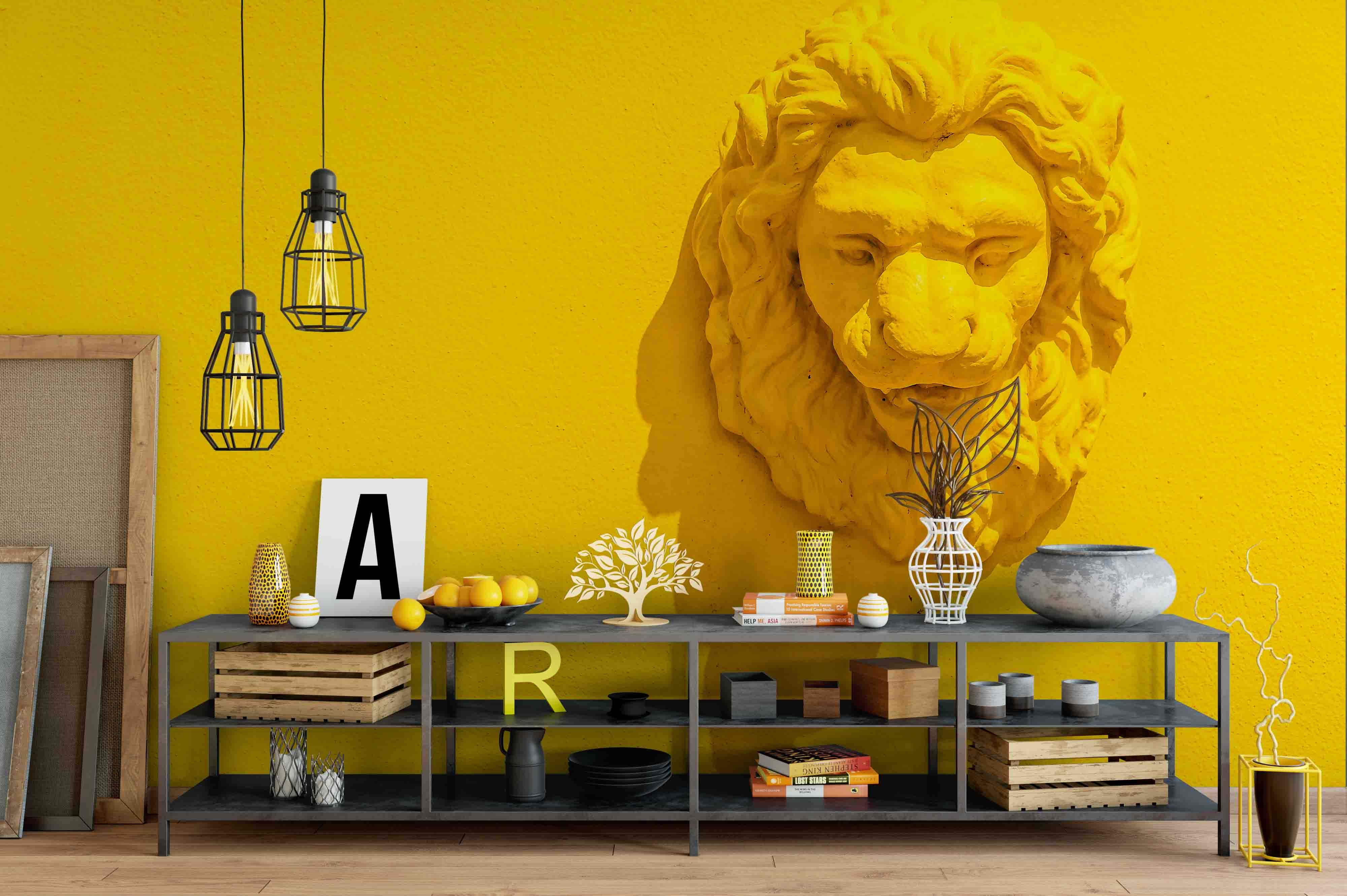 3D Lion Sculpture Yellow Wall Mural Wallpaper 172